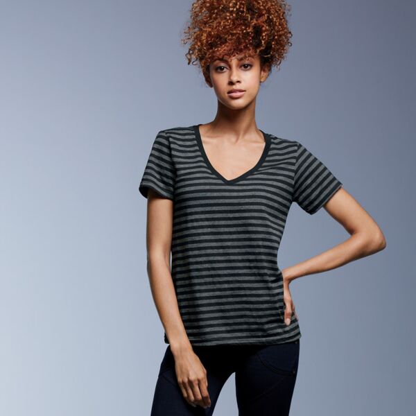 Ladies' Lightweight Striped V-Neck Tee Thumbnail